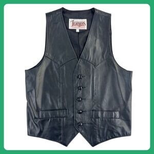 Diamond Leather Western Vest Men's 38 Medium Black Button Up Pockets Biker USA